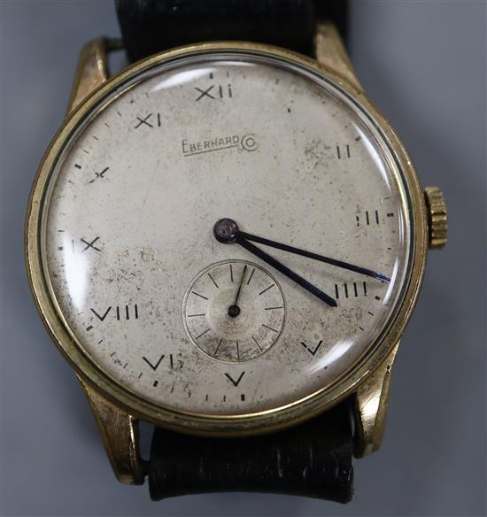 A gentlemans gold plated Eberhard manual wind wrist watch, on later associated strap.
